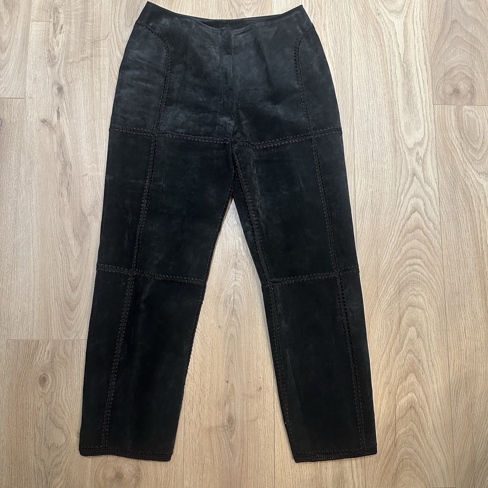 Vintage Leather Suede Pants Sz 12 Embroidered Straight Leg High Waist Patchwork